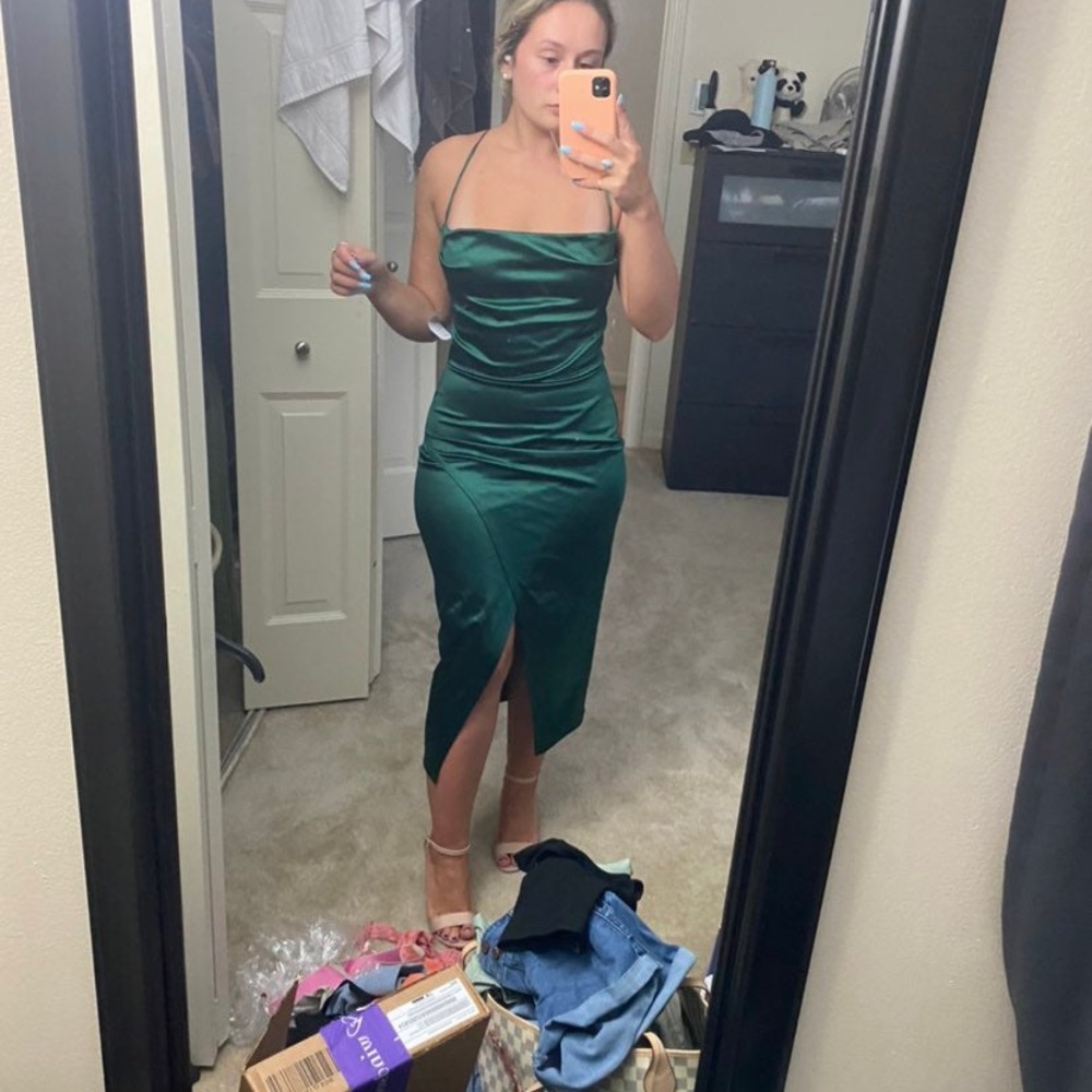 Green satin midi dress